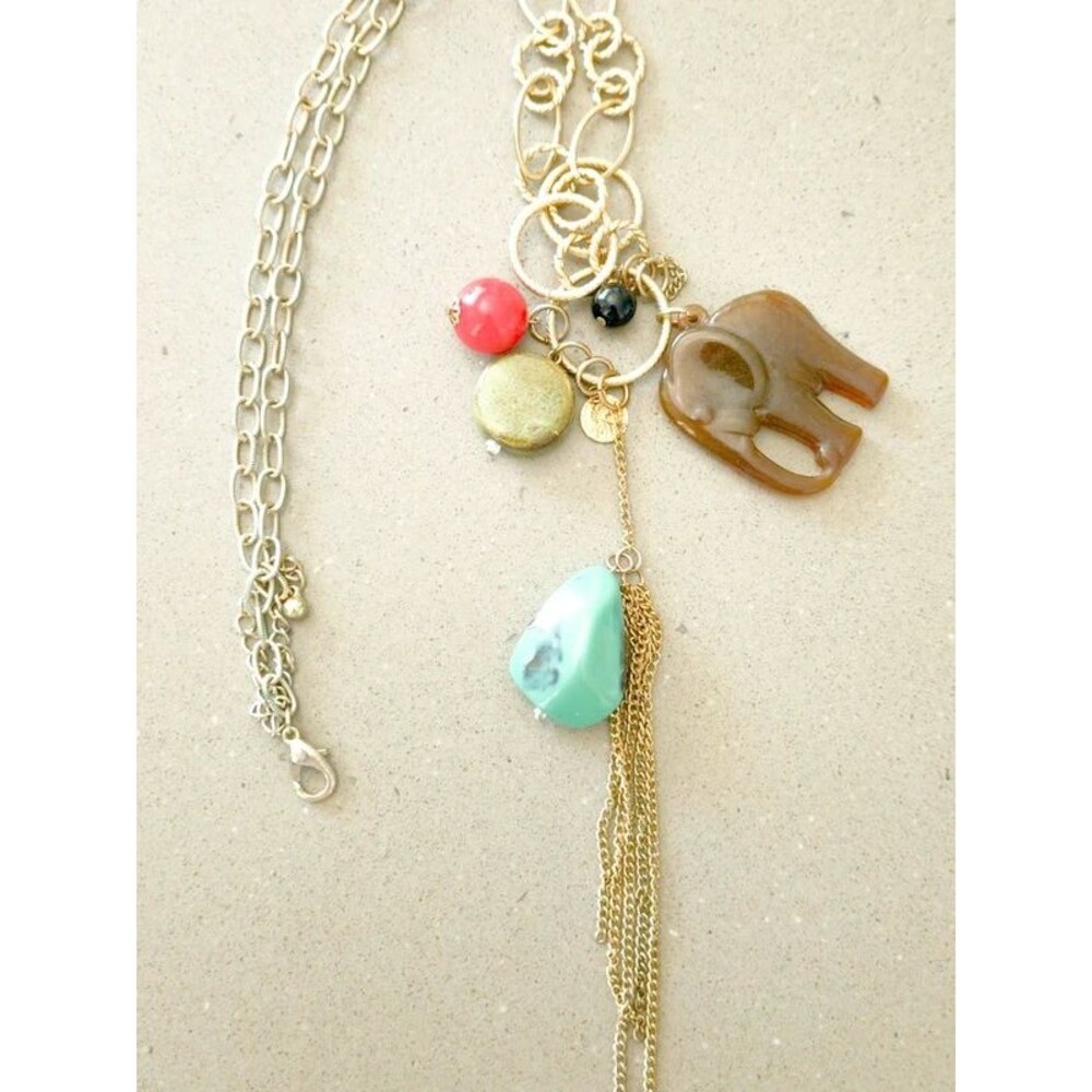 Boho Elephant Charm Necklace Mixed Beads Tassel Statement Long Necklace